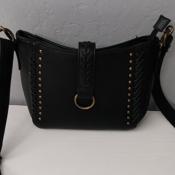 Black Faux Leather Studded Crossbody Bag With Braided Detail Adjustable Strap - Picture 16 of 16